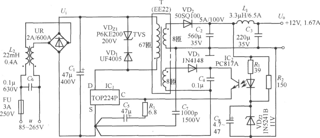 TOP224P構成的12V、20W開關直流穩(wěn)壓電源電路