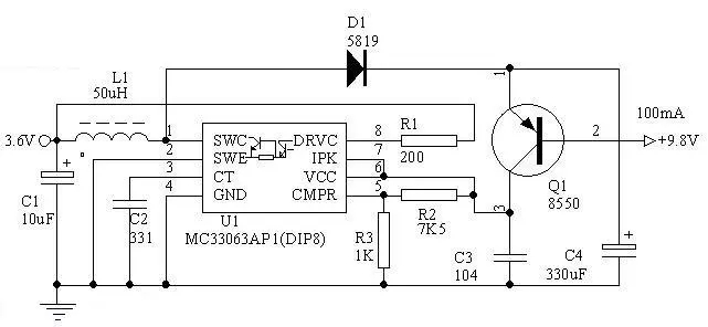 MC34063做3.6V電轉9V電路圖